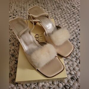 Enzo Angiolini Concita Champagne Satin Strappy Block Heel Sandals with Fur Trim